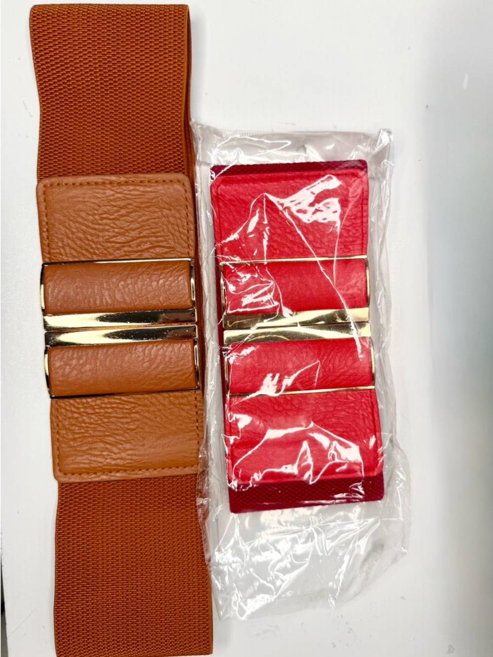 2 Wide Elastic Fashion Belt with Gold Accent - Brown and Red